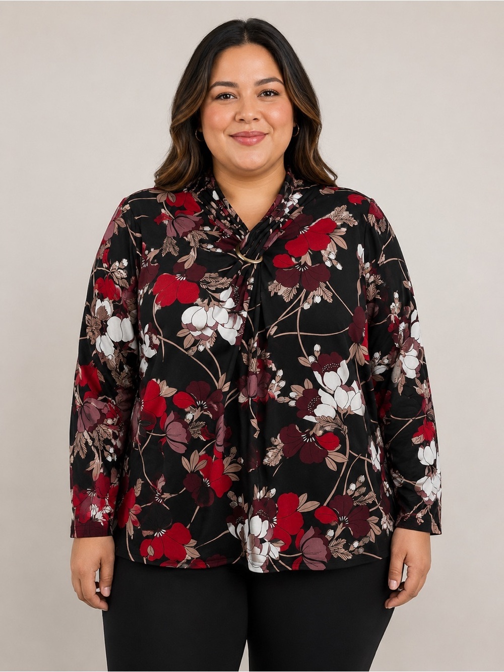 Plus Size Black Floral Tie-Neck Top - Red & White